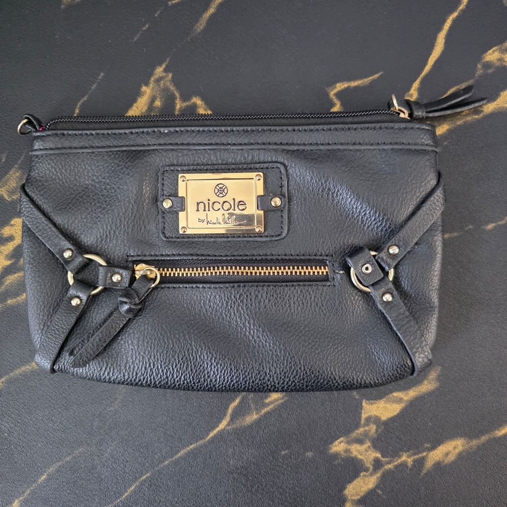 Nicole by Nicole Miller Black Leather Clutch Pink Interior Zip Pouch Handbag
